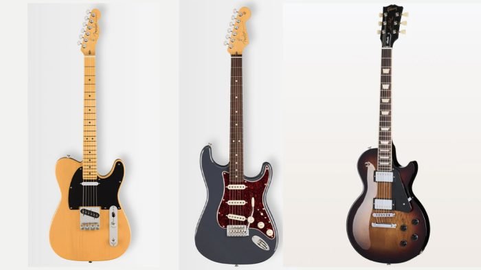 Three electric guitars - Fender Stratocaster, Telecaster and Gibson Les Paul